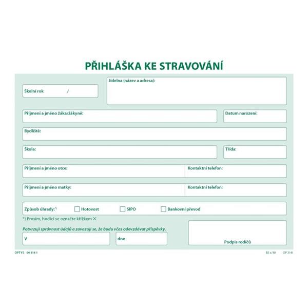 Přihláška ke stravování (A5 dvoubarevná)