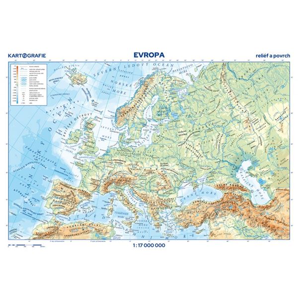 Evropa – příruční mapa, reliéf a povrch/státy a území