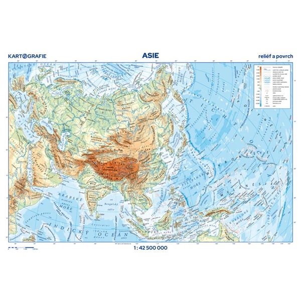 Asie – příruční mapa, reliéf a povrch/státy a území