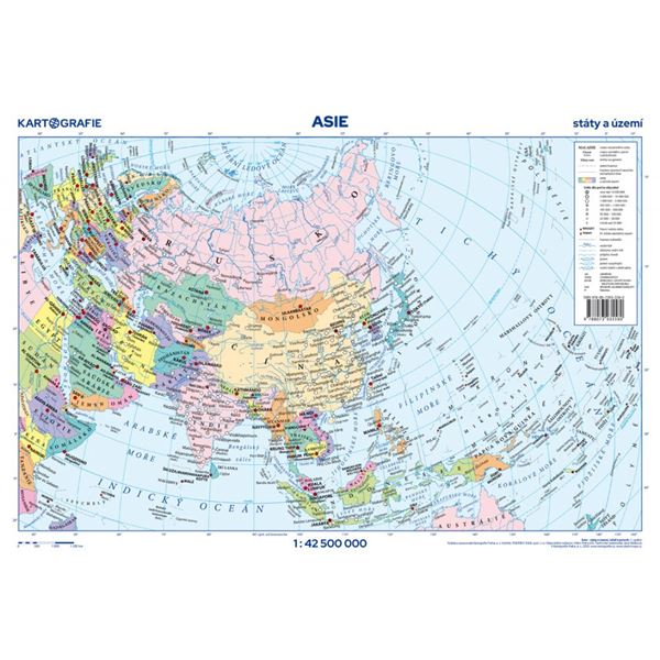 Asie – příruční mapa, reliéf a povrch/státy a území
